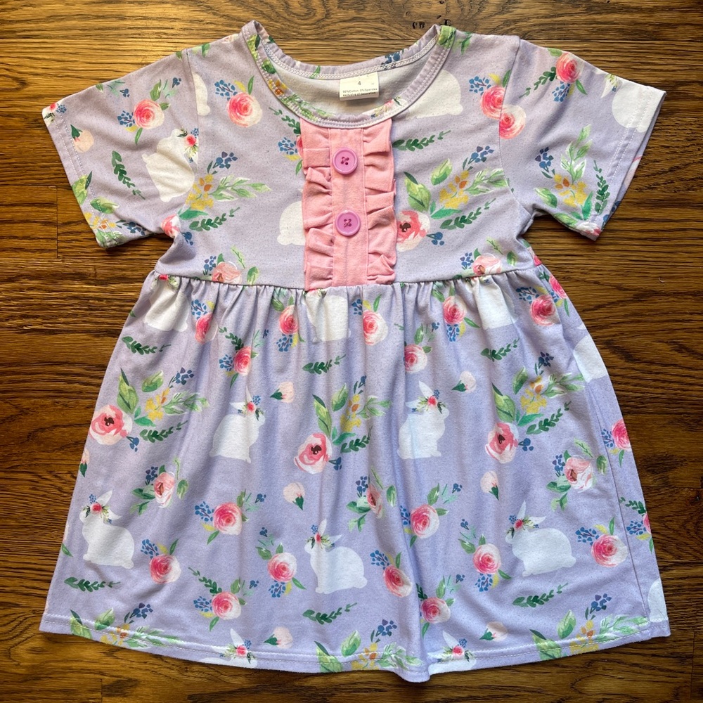 Boutique Toddler Girls Floral Bunny Easter Ruffled Dress Tunic Size 4